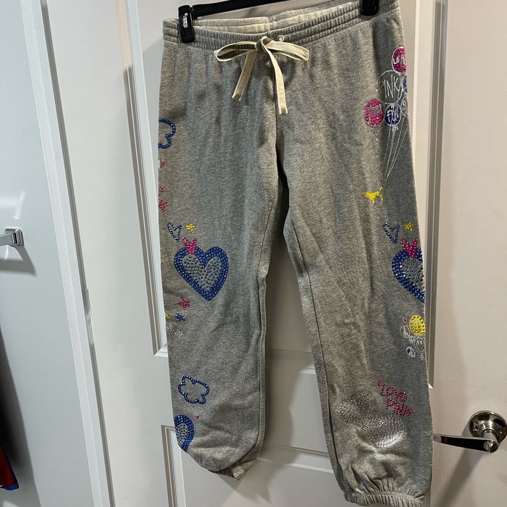 PINK Victoria's Secret Gray Joggers with Colorful Heart Patterns